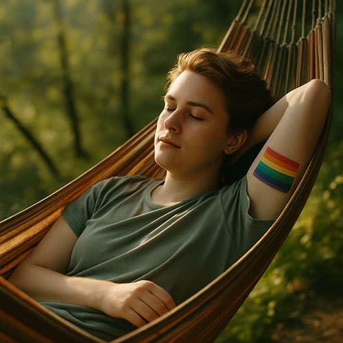 A LGBT person embracing guilt-free stillness, showing that laziness can sometimes be necessary rest