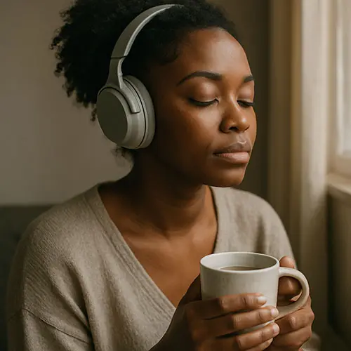 A highly sensitive woman decompressing with quiet alone time and sensory protection.