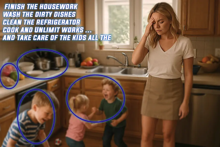 A mother who has to finish the housework, wash the dirty dishes, clean the refrigerator, cook, and take care of the kids all the time.