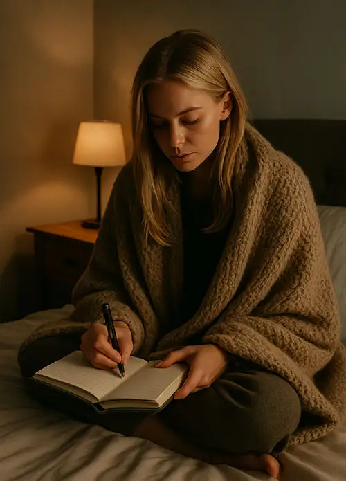 A woman reflecting on her needs in solitude, practicing nighttime self-care