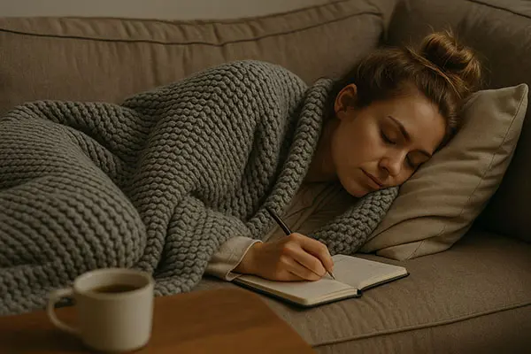 A woman resting mindfully, challenging the guilt often associated with rest and self-care