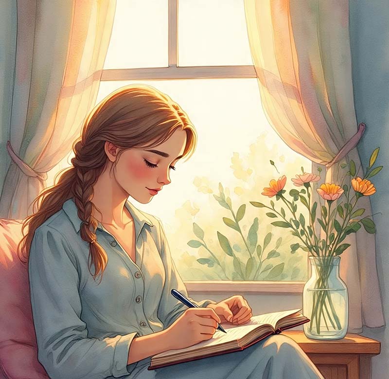 A young woman writing in a notebook by the window on a calm morning