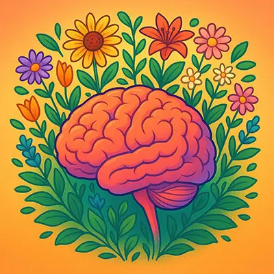 Brain surrounded by flowers, representing mental self-care growth