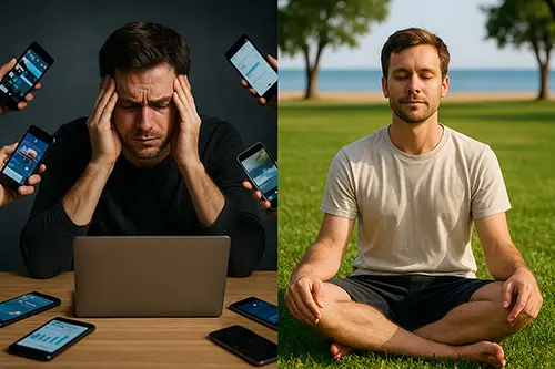 Contrast between digital overload and peaceful screen-free time