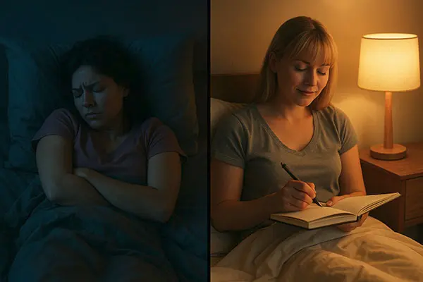 Contrast between overthinking and mindful pre-sleep journaling in calming sleep environment