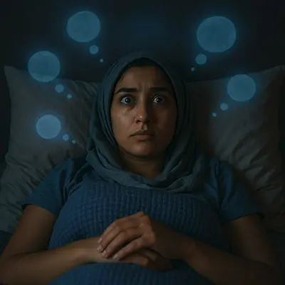 Depiction of overthinking spiral and night anxiety as visualized intrusive thoughts in bed
