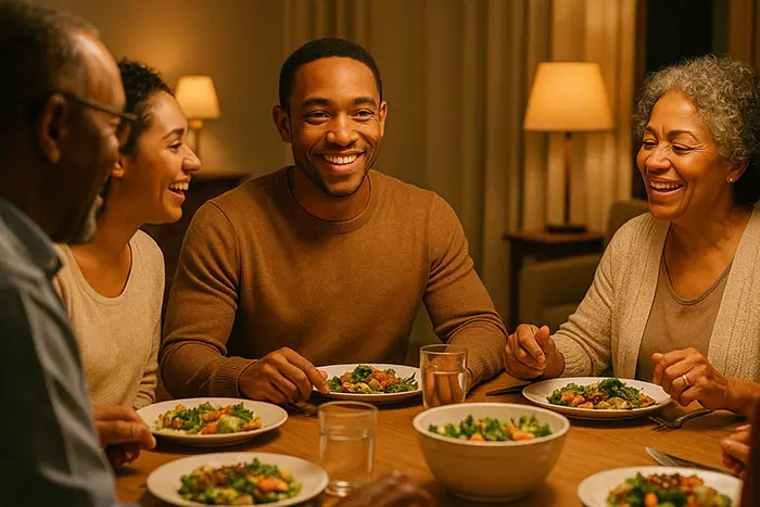 Family enjoying a screen-free dinner together, setting digital boundaries