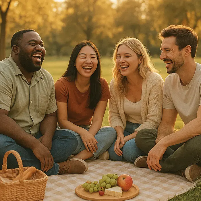 Friends enjoying a phone-free moment, keyword: real-life connection