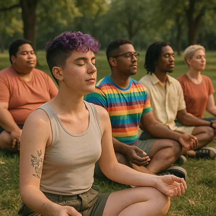 Group practicing mindfulness in a park, keyword: community mindfulness