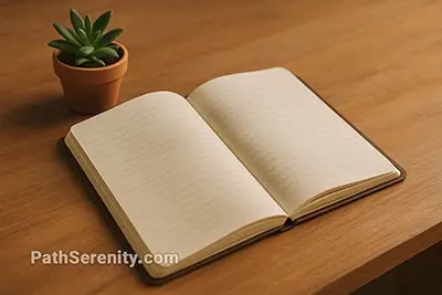 Open journal on a wooden desk with natural light, keyword: self-awareness