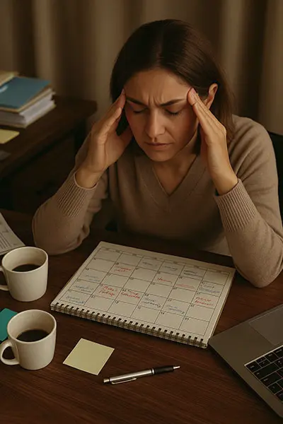 Overwhelmed person with a chaotic desk, symbolizing the energy cost of saying yes too much
