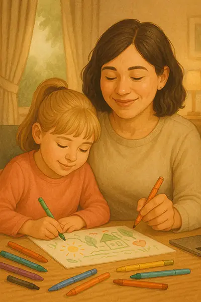 Parent and child practicing self-care through drawing together.