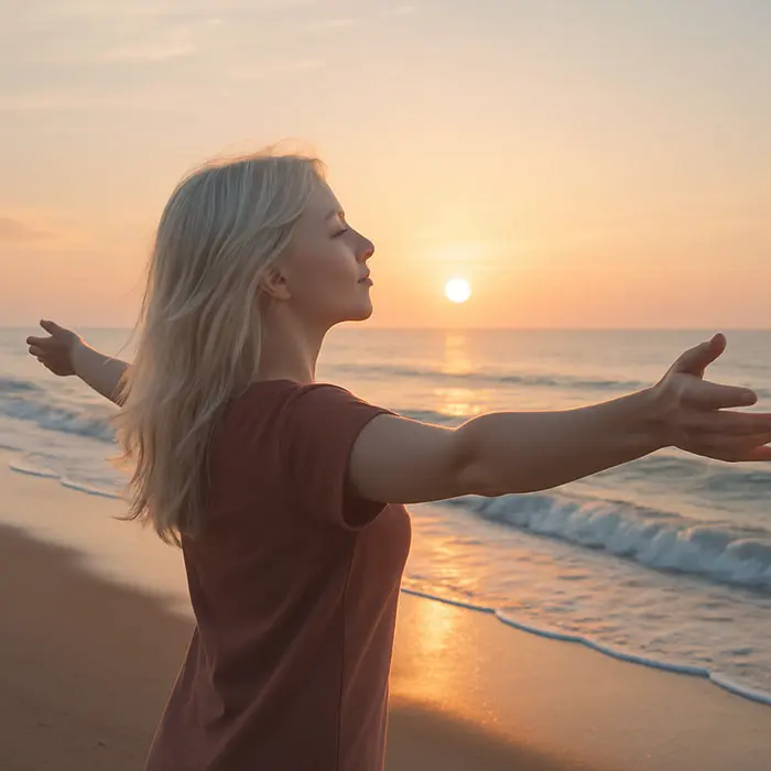 Person embracing the present moment at sunrise, keyword: mindful living
