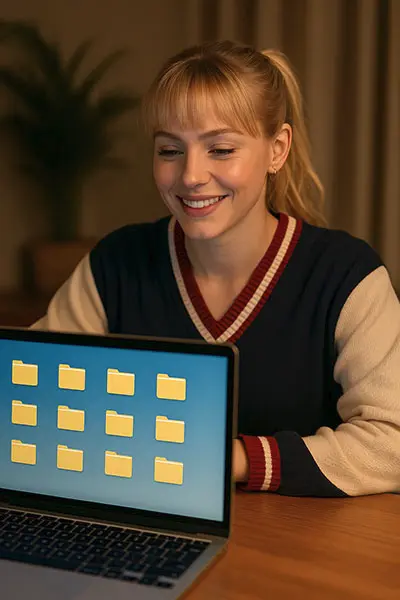 Person enjoying a clutter-free digital workspace Cluttered desktop screen with too many open windows – digital overload