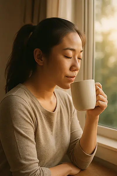 Person enjoying tea by a window, keyword: morning calm