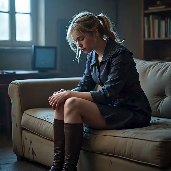 Person feeling empty and numb, sitting in a quiet, dimly lit room.