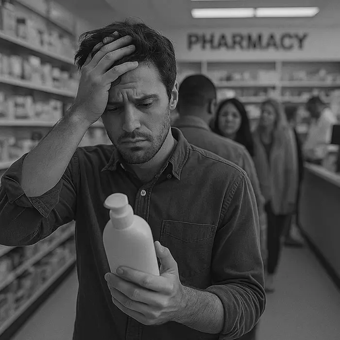 Person feeling overwhelmed in a pharmacy, keyword: emotional overwhelm
