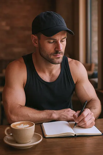 Person journaling in a coffee shop, keyword: self-care in relationships