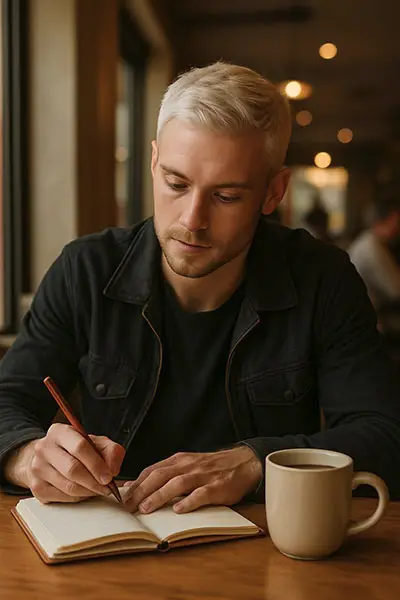 feeling journaling in a cozy café with soft lighting - self-awareness