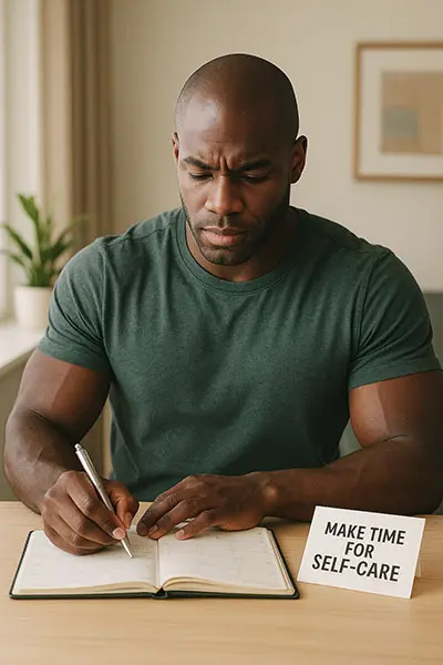 Person managing time for self-care, keyword: time management