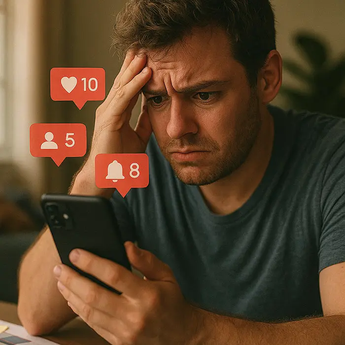 Person overwhelmed by hustle culture posts, keyword: social media pressure