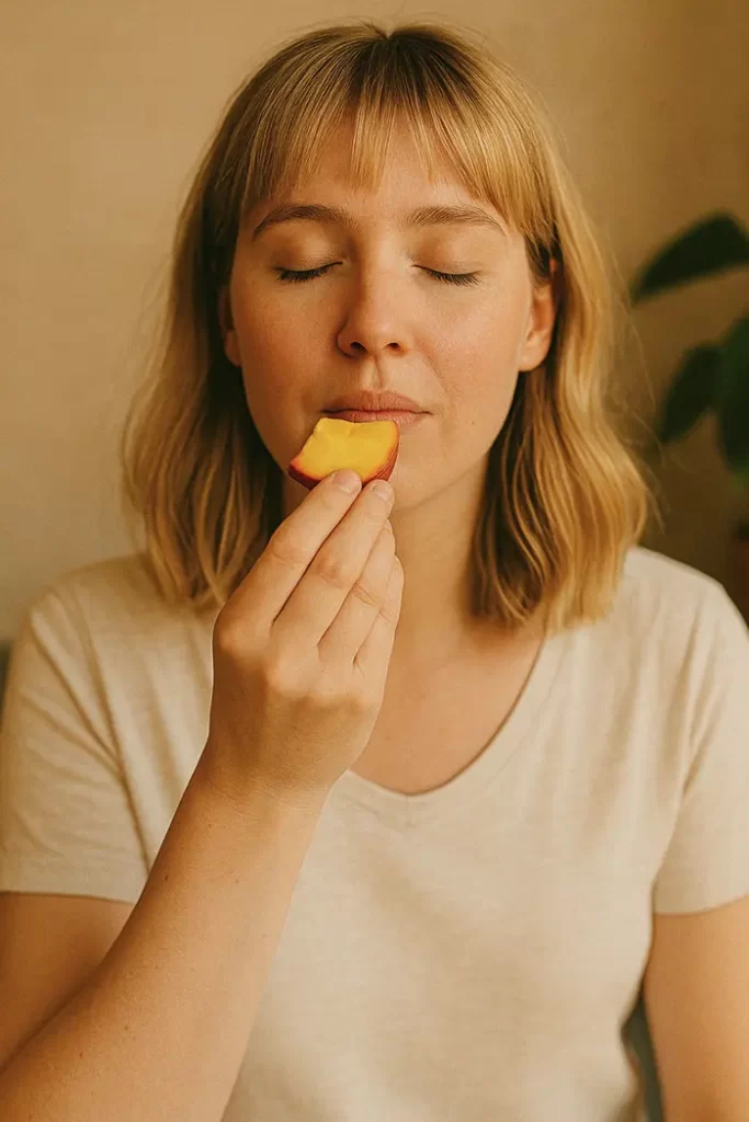 Person practicing mindful eating, keyword: mindful eating
