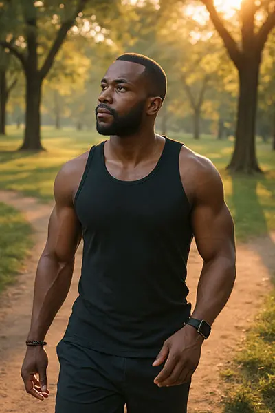 Person practicing mindful walking in a park, keyword: mindful movement