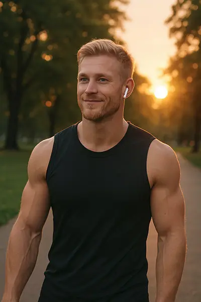 Person practicing self-care by walking and listening to music to combat emptiness.