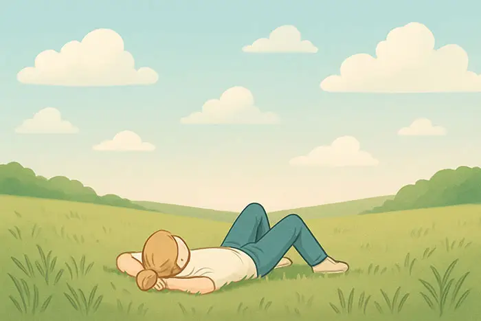 How relaxing on grass in nature under a clear sky, keyword: self-care