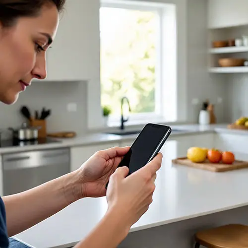 adjusting phone settings in kitchen