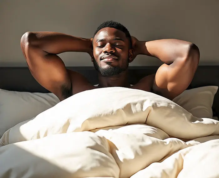Person waking up naturally with sunlight, keyword: morning routine