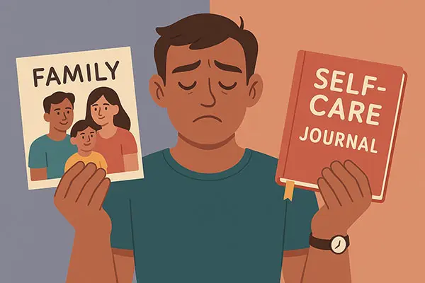 Symbolic tension between family loyalty and self-preservation in men.webp