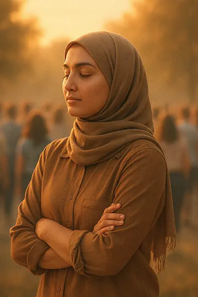 Woman reclaiming peace by saying no to overwhelming social requests - emotional resilience imagery