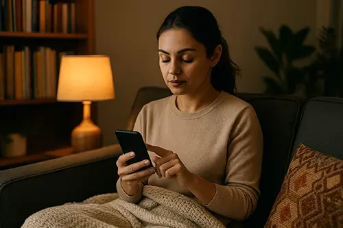 Young adult can setting digital boundaries by turning off phone in a cozy living room