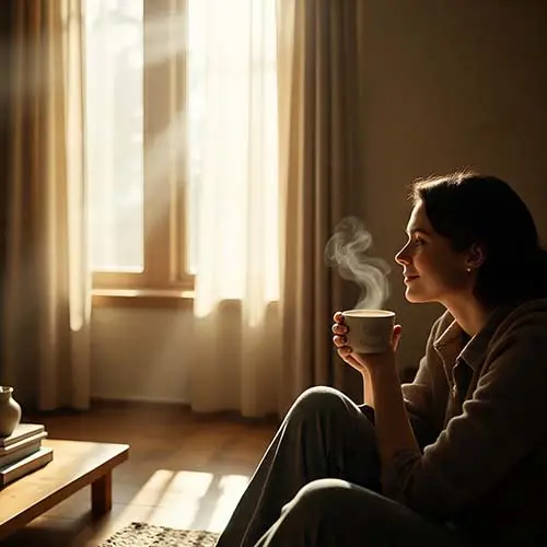 how enjoying peaceful morning routine with warm coffee and sunlight