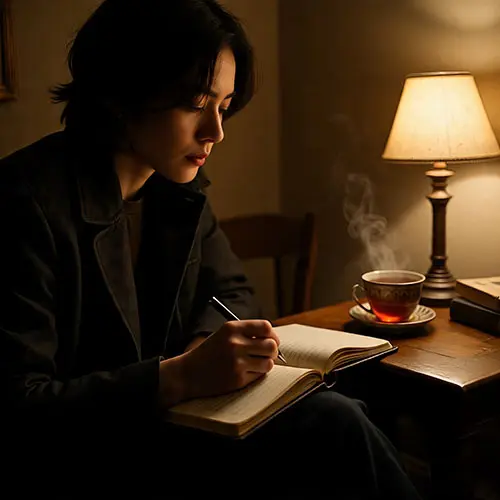 journaling about setting digital boundaries in a cozy corner with tea