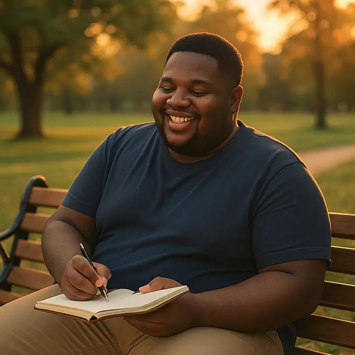  journaling on a park bench with sunset glow