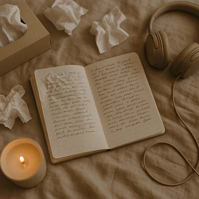 messy emotional self-care moment with tissues and journal