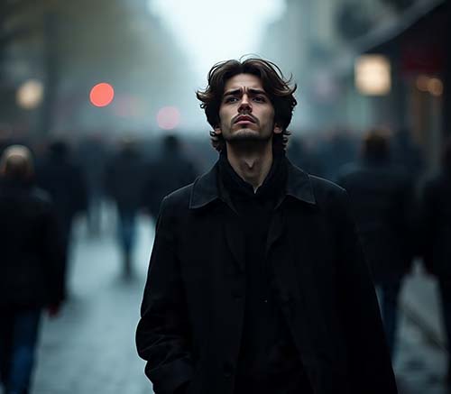  person feeling guilty walking away from social expectation