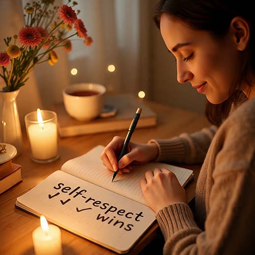  person writing journal after honoring a boundary