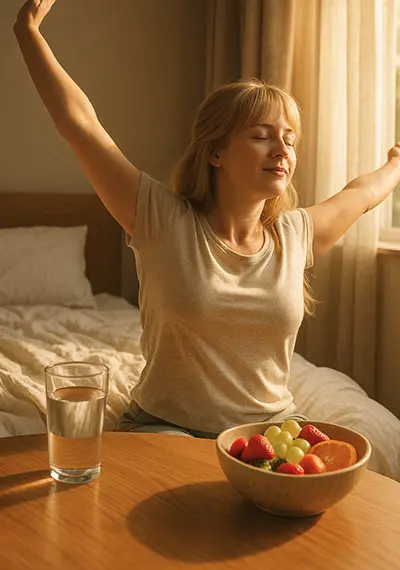 self-care, morning stretches and healthy breakfast - tiny self-care practices