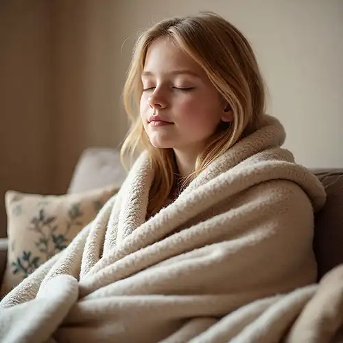 how male or female practicing emotional self-care with calm and peaceful expression indoors