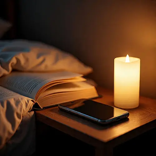 A phone turned off beside calming objects, showing a nighttime routine that supports mental rest