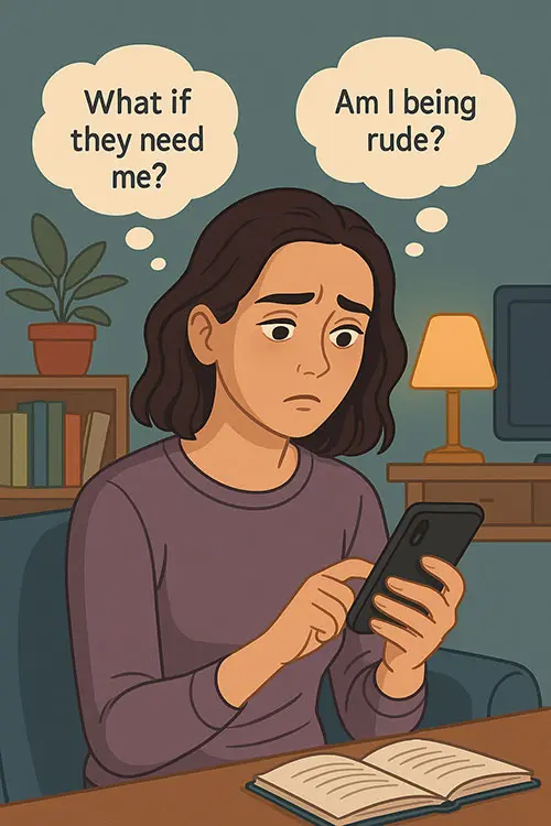 Person experiencing guilt over muting notifications, with anxious thought bubbles