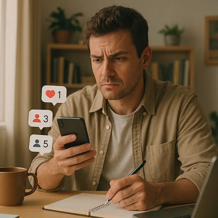 Person struggling to focus due to phone notifications, keyword: digital distraction