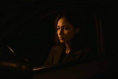 woman emotionally overwhelmed sitting in car at night