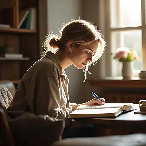 girl practicing self-reflection as first step of self-care in peaceful morning light
