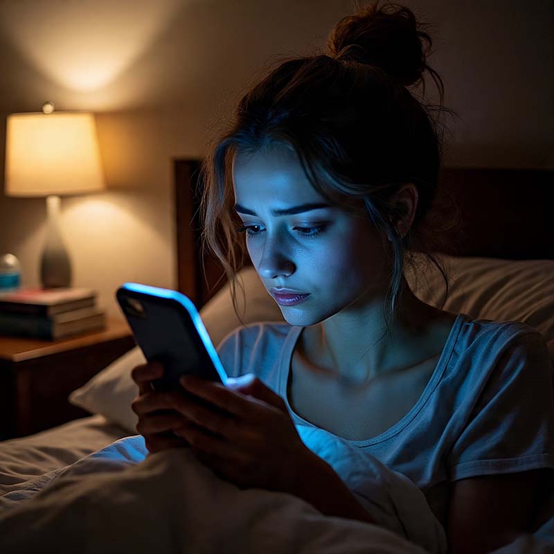 young woman reflecting in bed late at night, looking at her phone