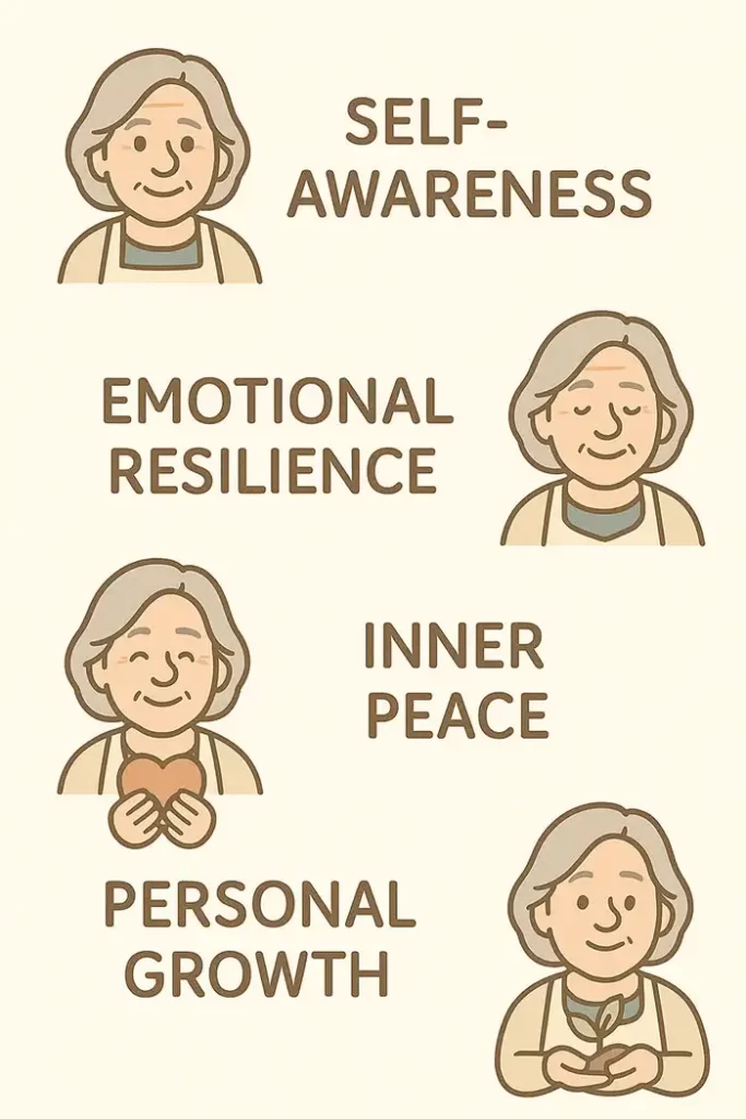 A clean minimalist infographic showing core self-care values with character illustration icons.webp