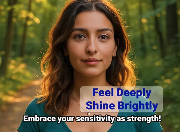 A person stands in a sunlit forest, embracing their sensitivity with quiet strength.
